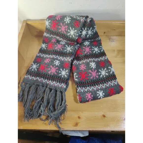 ROXY KNIT YARN ARGYLE Snowflake SCARF ACRYLIC Red Pink BLACK GREY WHITE ~6x56" - Picture 4 of 5